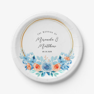 Spring Watercolor Blue Orange Florals Gold Wedding Pappteller