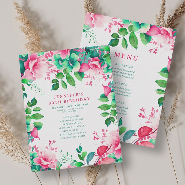 Spring Watercolor Floral 80 Birthday Programm Menü (Spring Watercolor Floral 80 Birthday Program Menu)