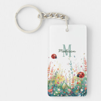 Spring Watercolor ladybug Floral Monogram Wildflow Schlüsselanhänger