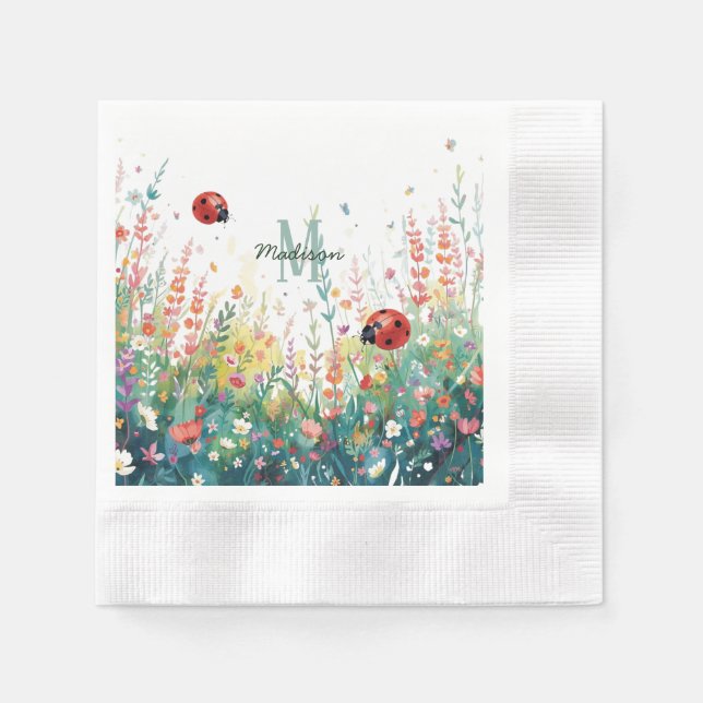 Spring Watercolor ladybug Floral Monogram Wildflow Serviette (Vorderseite)