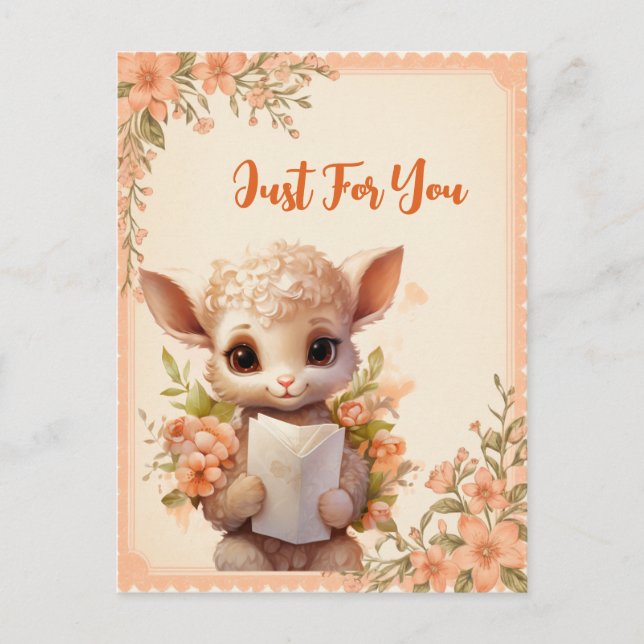 Spring Watercolor Lamm mit einem Buchstaben - Postkarte (Vorderseite)