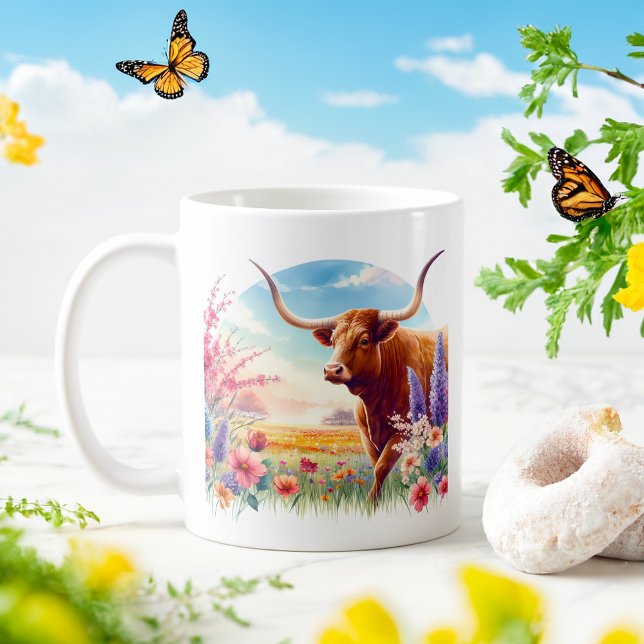 Spring Watercolor Texas Longhorn Kaffeetasse (Von Creator hochgeladen)