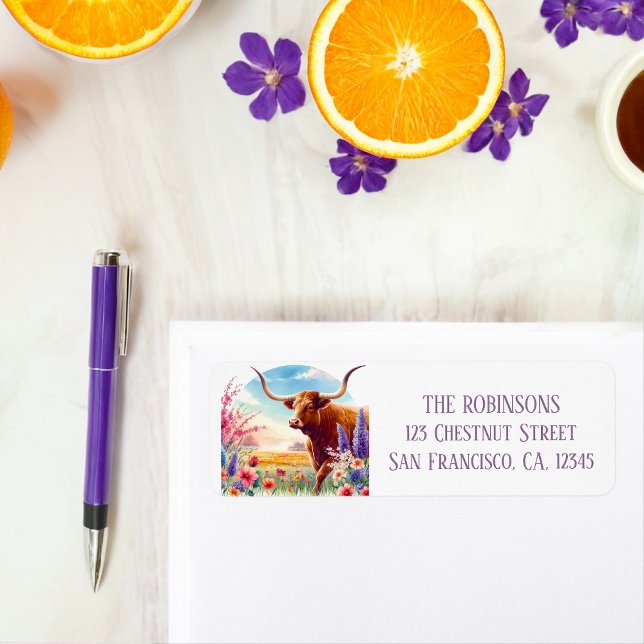 Spring Watercolor Texas Longhorn Rücksendeadresse (Von Creator hochgeladen)