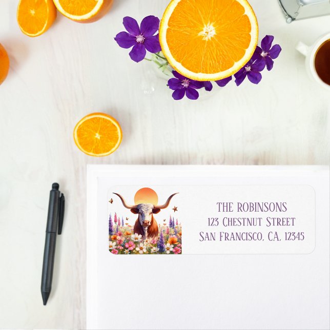 Spring Watercolor Texas Longhorn Rücksendeadresse (Von Creator hochgeladen)