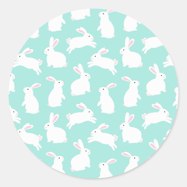 Spring White Bunnies Muster Runder Aufkleber (Vorderseite)
