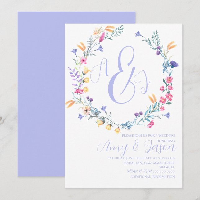Spring Wild Blume Wreath Pastel Lila Wedding Einladung (Vorne/Hinten)