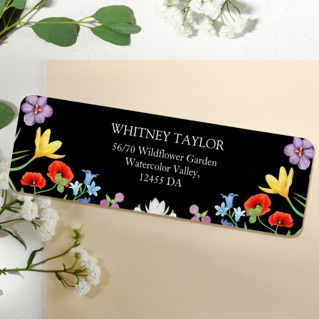 Spring Wildblume Bright Floral Wedding Address (Spring Wildflower Colorful Floral Black Wedding Addres Label)