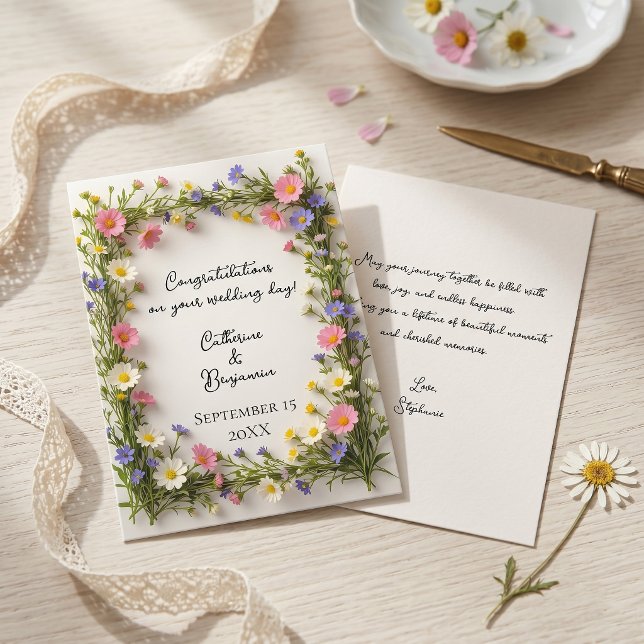 Spring Wildflower Border Wedding Congratulations Karte (Von Creator hochgeladen)