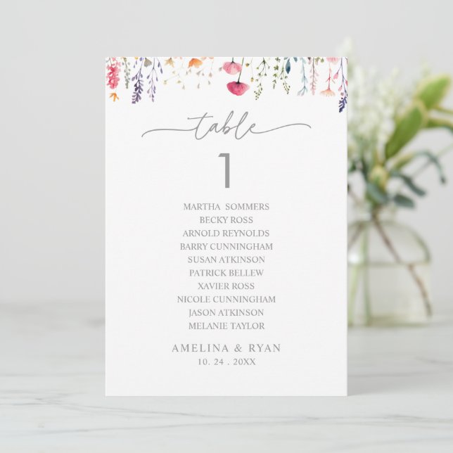  Spring Wildflower Table Number 1 Seating Chart Einladung (Stehend Vorderseite)