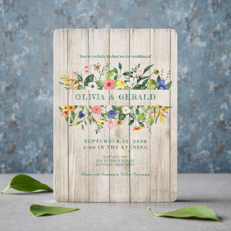 Spring Wildflowers on Wood Wedding Invitation Einladung