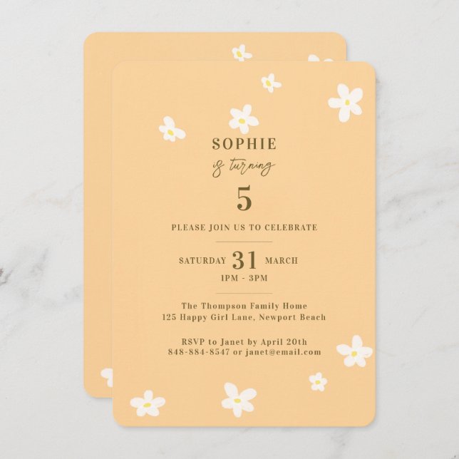 Spring Yellow White Daisies Girl Birthday Party Einladung (Vorne/Hinten)