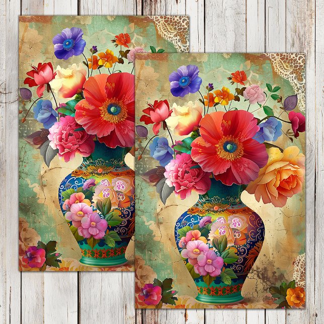 SPRINGBLUMEN IN VASE DECOUPAGE SEIDENPAPIER (SPRING FLOWERS IN VASE DECOUPAGE TISSUE PAPER)