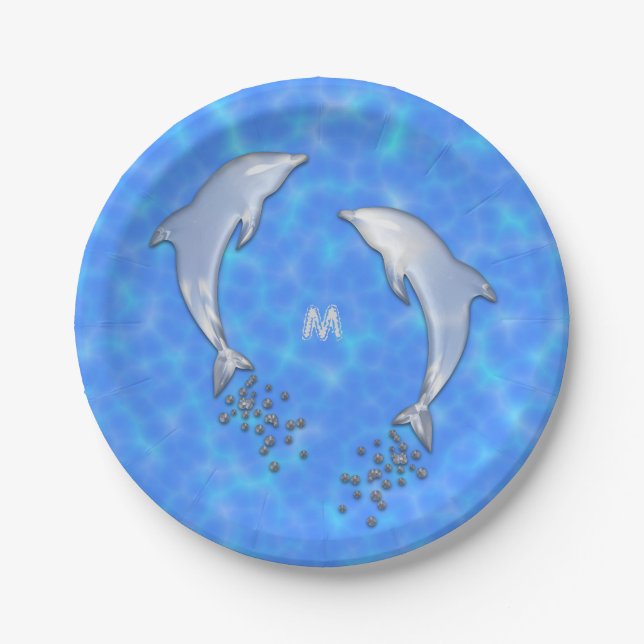 Springen funkelnder Blauer Dolphin mit Monogramm Pappteller (Vorderseite)