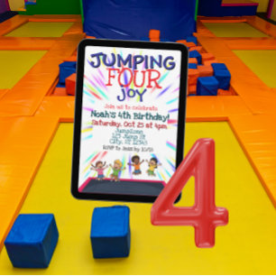 Springen vier Freude, Trampolin 4. Geburtstag  Einladung