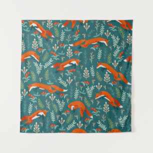 Springen von roten Füchsen mit Ornamenten nahtlose Wandteppich