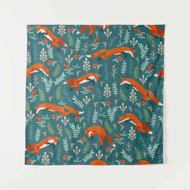 Springen von roten Füchsen mit Ornamenten nahtlose Wandteppich (Vorderseite)