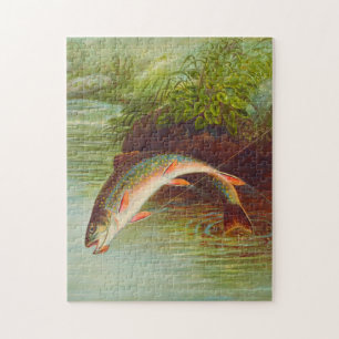 Springende Bachforelle Fisch vintage illustriert Puzzle