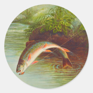 Springende Bachforelle Fisch vintage illustriert Runder Aufkleber