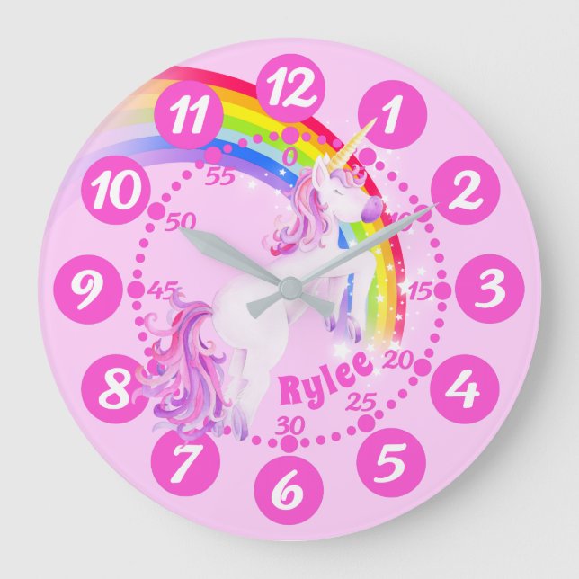 Springende lila rosa Kunst des Unicornregenbogens Große Wanduhr (Vorderseite)