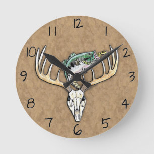 Springender Barsch über Geweih mit Schädel Runde Wanduhr