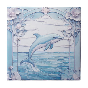 Springender Delphin Art Nouveau Faux-Relief Hellbl Fliese