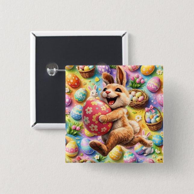 Springender Hase und florales Ei skurrile Osterwan Button (Vorne & Hinten)