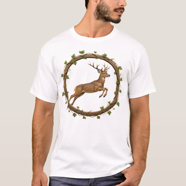 Springender Hirsch Reben Kreis T-Shirt (Vorderseite)