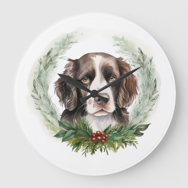 Springer spaniel Christmas Wreath Festivals Große Wanduhr (Vorderseite)