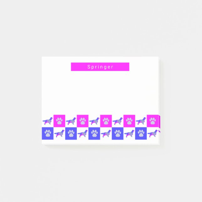 Springer Spaniel Dog & Paw Print Hot Pink & Blue Post-it Klebezettel (Vorderseite)