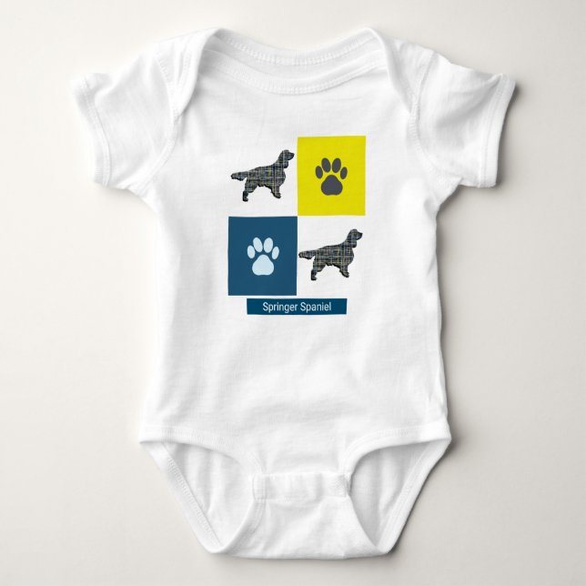 Springer Spaniel Dog & Paw Y&B Grid Square Baby Strampler (Vorderseite)