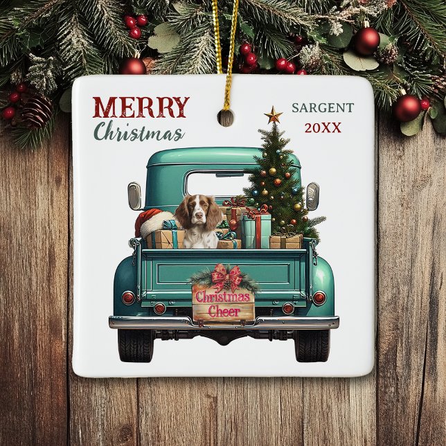 Springer Spaniel Dog Retro Truck Weihnachten Keramikornament (Von Creator hochgeladen)