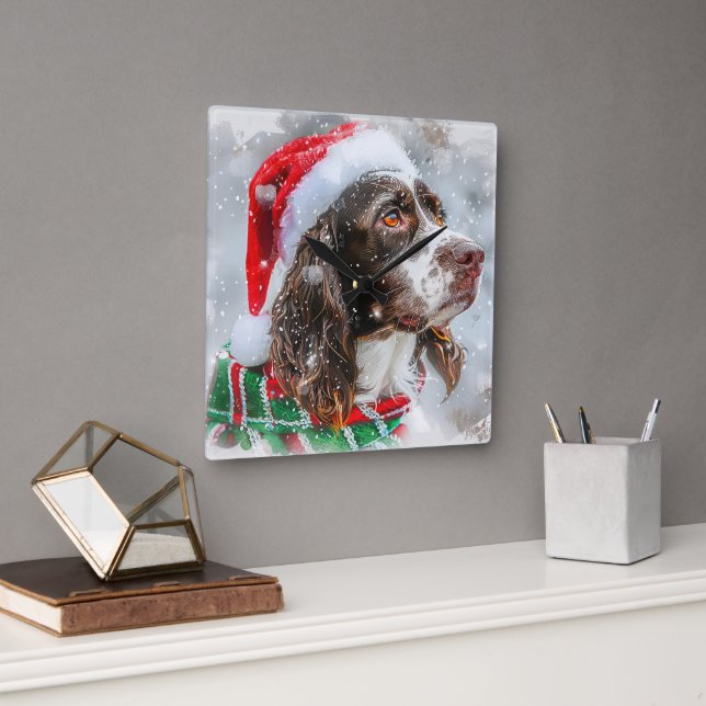 Springer Spaniel Dog Weihnachtsfest Quadratische Wanduhr (Büro)