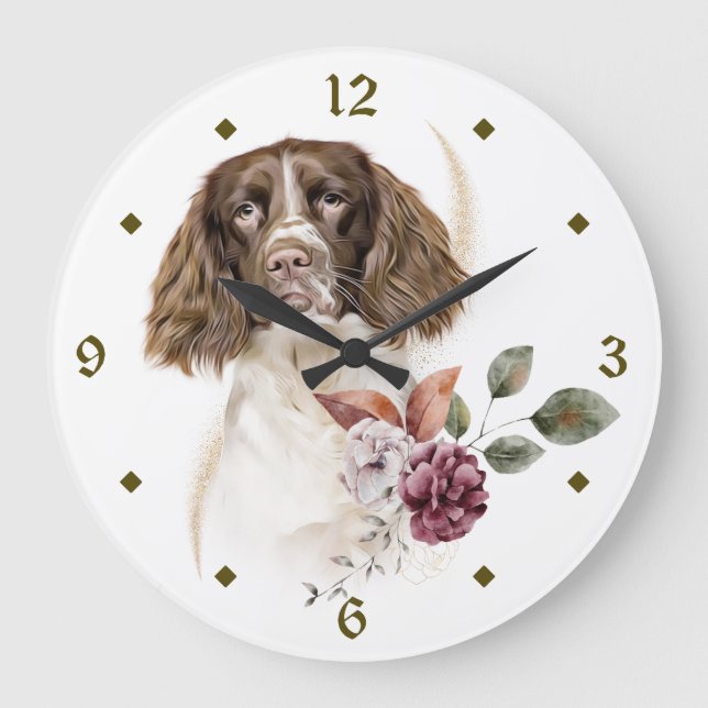Springer Spaniel Dog Winter Bouquet Clock Große Wanduhr (Vorderseite)