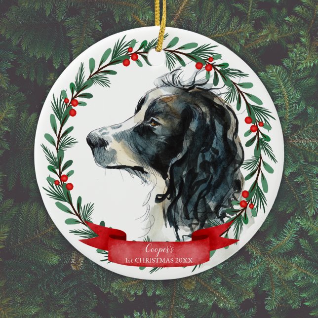 Springer Spaniel Erster Weihnachtswasserkranz Keramik Ornament (Personalize by adding Dog's name & Year, or add different text, or delete if not required.)