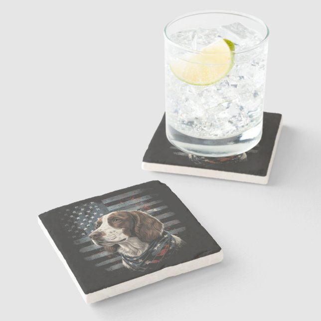 Springer Spaniel Hund Amerikanische Flagge Steinuntersetzer (Seitenansicht)