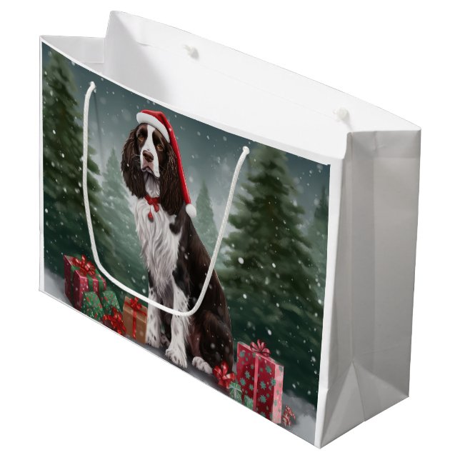 Springer Spaniel Hund in Schneeweihen Große Geschenktüte (Vorderseite Schrägansicht)