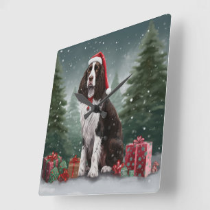 Springer Spaniel Hund in Schneeweihen Quadratische Wanduhr