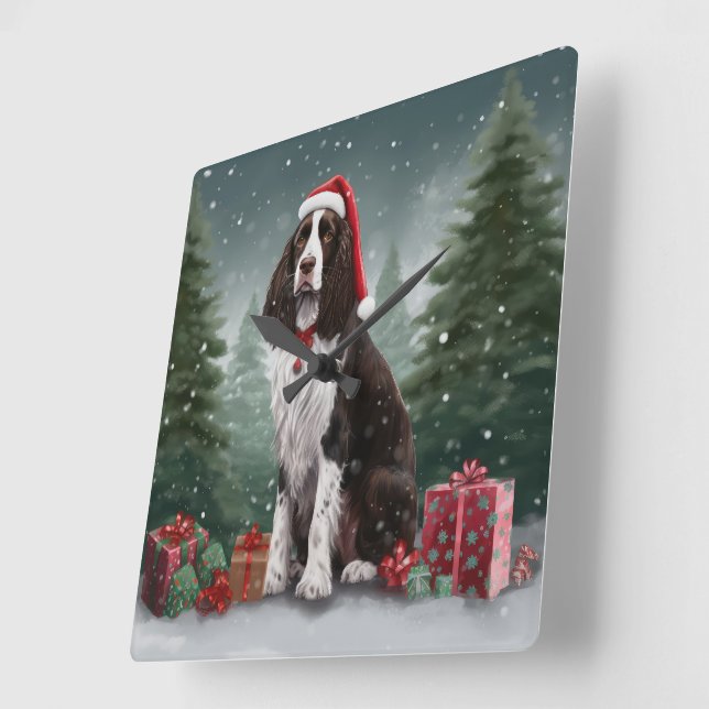 Springer Spaniel Hund in Schneeweihen Quadratische Wanduhr (Winkel)