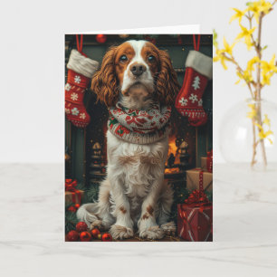 Springer Spaniel Hund mit Weihnachtsgeschenk Kamin Karte