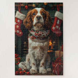 Springer Spaniel Hund mit Weihnachtsgeschenk Kamin Puzzle