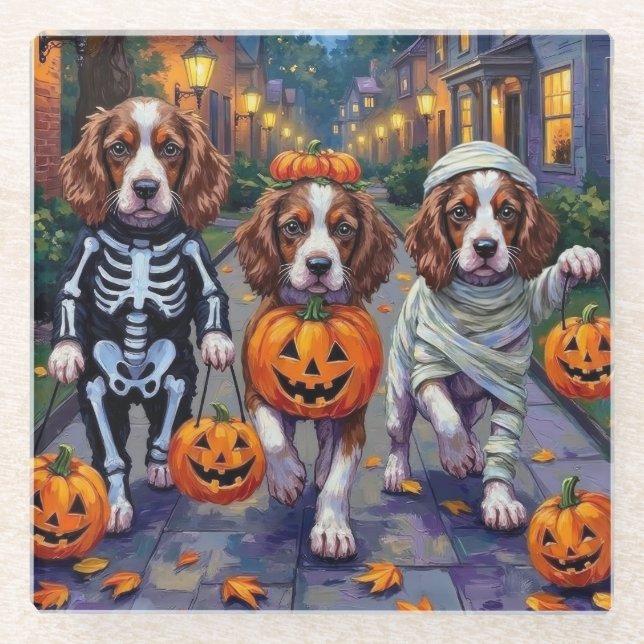 Springer Spaniel Hunde in Halloween-Kostümen Glasuntersetzer (Vorderseite)