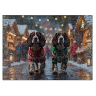 Springer Spaniel Hunde Weihnachten Schnee Urlaub Schneidebrett