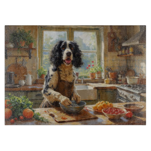 Springer Spaniel kocht in der Küche Schneidebrett