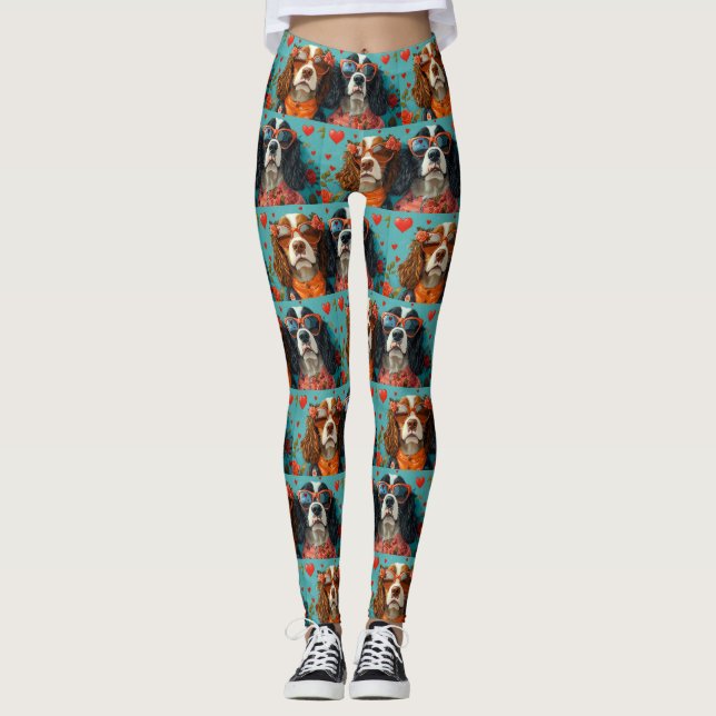 Springer Spaniel mit Herz Rose Valentinstag Leggings (Vorderseite)