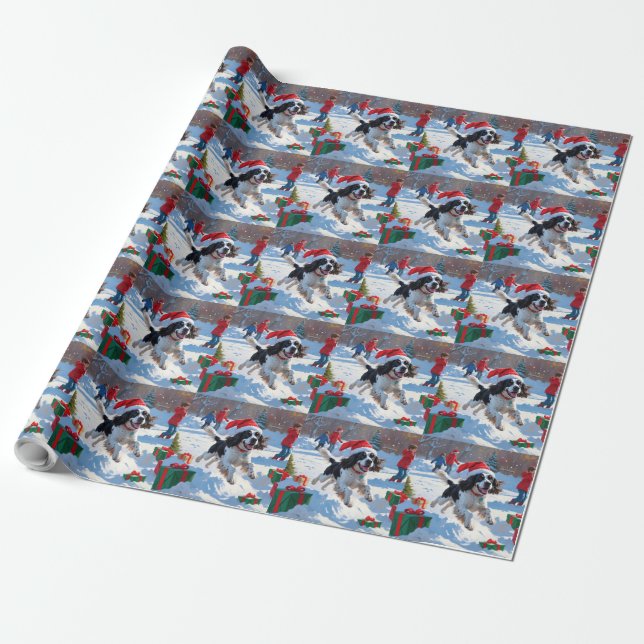 Springer Spaniel Running Snow mit Weihnachtshut Geschenkpapier (Ungerollt)