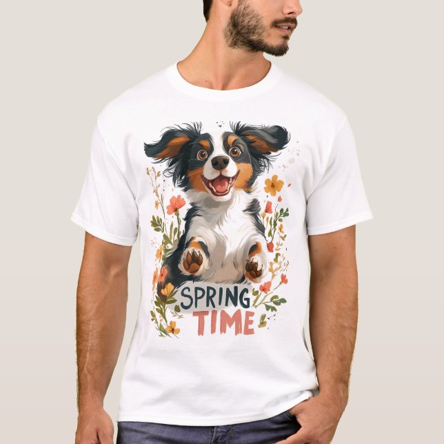 Springer Spaniel - Spring Time Cartoon Design T-Shirt (Vorderseite)