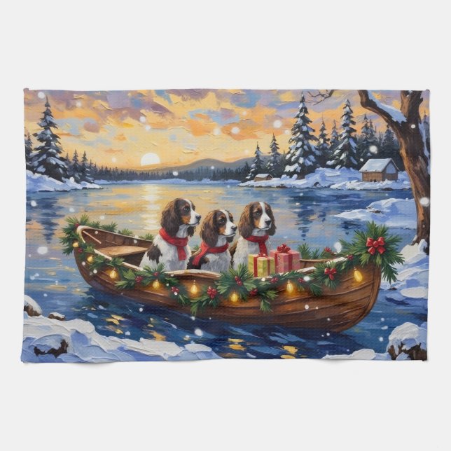 Springer Spaniel Weihnachtsboot Urlaub Geschirrtuch (Horizontal)