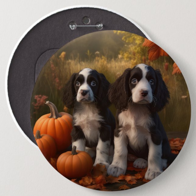 Springer Spaniel Welpe Herbstfreude Kürbis  Button (Vorne & Hinten)