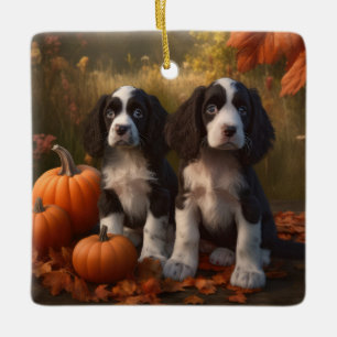 Springer Spaniel Welpe Herbstfreude Kürbis Keramikornament