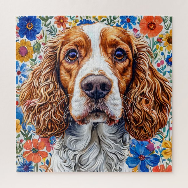 Springer Spanier mit farbenprächtigem Blumenhinter Puzzle (Vertikal)